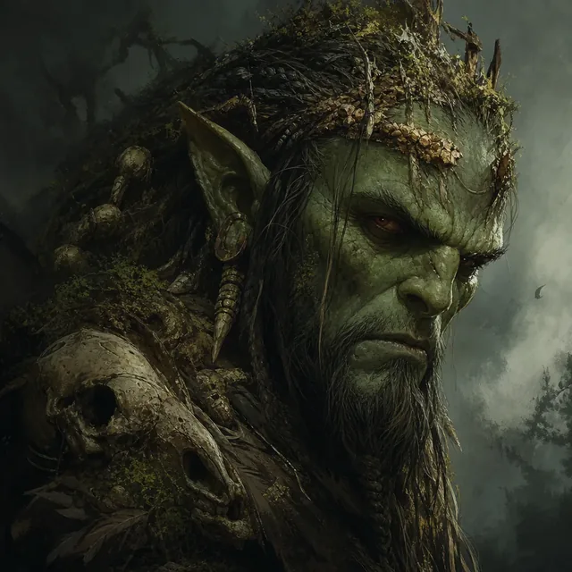 Darahgo, an eight-foot orc-like warrior with green skin, pointed ears, a moss crown and a beast-skull pauldron, glaring out of a misty wood