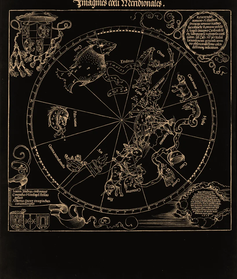 Albrecht Dürer's woodcut map of the southern sky, 1515, in gold line on black