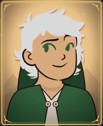 Koda, drawn in the Appearance Studio: white hair, green eyes, a forest-green hooded cloak